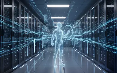 A sleek server room with blue data streams and a digital human silhouette, symbolizing AI enterprise and consumer technology. - Foto: über boerse-global.de