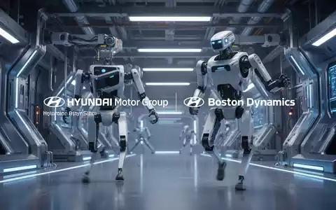 A stylized image representing the integration of Hyundai Motor Group and Boston Dynamics, featuring advanced robotics in an industrial setting. - Foto: über boerse-global.de