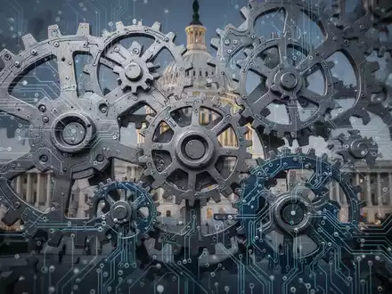 Intertwined gears and circuit boards with a subtle overlay of the US Capitol building, representing government and AI technology. - Foto: über boerse-global.de
