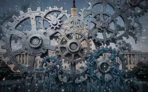 Intertwined gears and circuit boards with a subtle overlay of the US Capitol building, representing government and AI technology. - Foto: über boerse-global.de