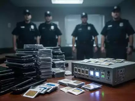 Ein dunkler Raum mit Stapeln von Mobiltelefonen und SIM-Karten, einem SIM-Box-Gerät und verschwommenen Polizeibeamten im Hintergrund. - Foto: über boerse-global.de