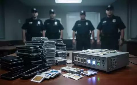 Ein dunkler Raum mit Stapeln von Mobiltelefonen und SIM-Karten, einem SIM-Box-Gerät und verschwommenen Polizeibeamten im Hintergrund. - Foto: über boerse-global.de