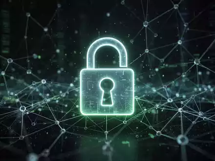 Ein stilisiertes, leuchtendes Vorhängeschloss auf einer dunklen, abstrakten digitalen Landschaft mit verbundenen Knoten und Linien. - Foto: über boerse-global.de