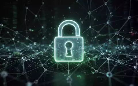Ein stilisiertes, leuchtendes Vorhängeschloss auf einer dunklen, abstrakten digitalen Landschaft mit verbundenen Knoten und Linien. - Foto: über boerse-global.de