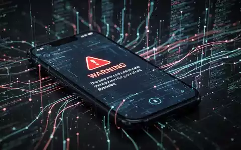 Ein Smartphone-Bildschirm zeigt eine Warnmeldung, umgeben von abstrakten Datenströmen und leuchtenden Linien, die KI und Netzwerke symbolisieren. - Foto: über boerse-global.de