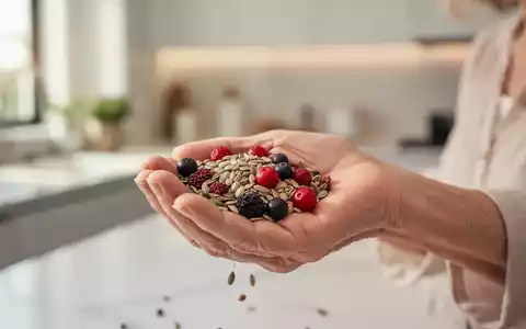 Eine Frau hält eine Handvoll nahrhafter Samen und Beeren, die gesunde Ernährung und die Wechseljahre symbolisieren. - Foto: über boerse-global.de