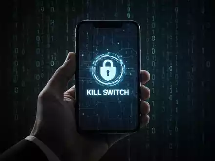 Eine Hand hĂ€lt ein Smartphone, dessen Bildschirm ein digitales 'Kill Switch'-Symbol zeigt, mit binĂ€rem Code im Hintergrund. - Foto: ĂŒber boerse-global.de