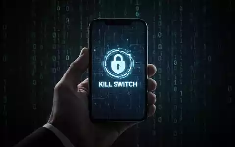 Eine Hand hält ein Smartphone, dessen Bildschirm ein digitales 'Kill Switch'-Symbol zeigt, mit binärem Code im Hintergrund. - Foto: über boerse-global.de