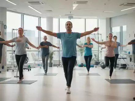Eine Gruppe von Menschen in einem modernen Rehabilitationszentrum, die unter Anleitung sanfte Übungen zur Stärkung der Eigenaktivität durchführen. - Foto: über boerse-global.de