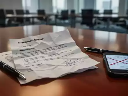 Ein zerknüllter Arbeitsvertrag liegt auf einem Schreibtisch neben einem Stift und einem Smartphone mit einem Kalender. - Foto: über boerse-global.de