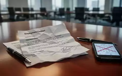 Ein zerknüllter Arbeitsvertrag liegt auf einem Schreibtisch neben einem Stift und einem Smartphone mit einem Kalender. - Foto: über boerse-global.de