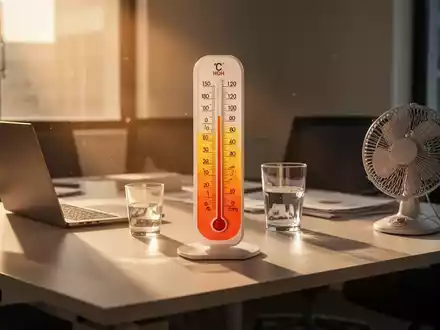 Ein Thermometer zeigt hohe Temperaturen in einem modernen Büro mit Laptop, Wasserglas und Ventilator, durchflutet von Sonnenlicht. - Foto: über boerse-global.de