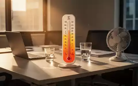 Ein Thermometer zeigt hohe Temperaturen in einem modernen Büro mit Laptop, Wasserglas und Ventilator, durchflutet von Sonnenlicht. - Foto: über boerse-global.de