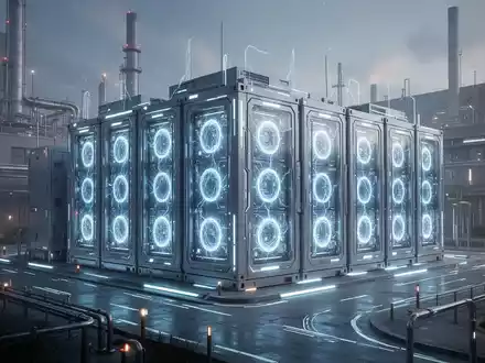 Ein futuristisches Batteriespeicher-System mit leuchtenden Zellen in einer modernen Industrieanlage, symbolisiert Energieeffizienz. - Foto: über boerse-global.de