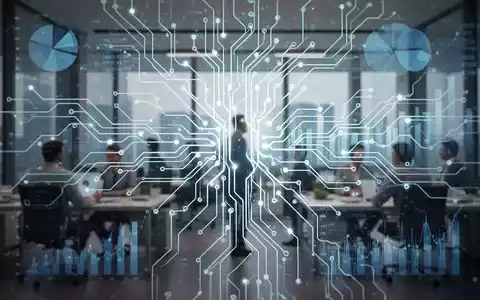 Ein stilisiertes neurales Netzwerk mit Datensymbolen überlagert einen modernen Bürohintergrund, der KI-Integration in Compliance-Programme symbolisiert. - Foto: über boerse-global.de