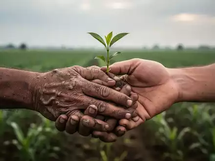 Nahaufnahme von ineinander verschlungenen Händen, eine rau, die andere eine zarte Pflanze haltend, vor einem landwirtschaftlichen Feld. - Foto: über boerse-global.de