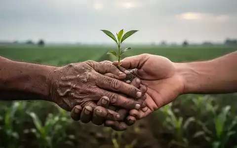Nahaufnahme von ineinander verschlungenen Händen, eine rau, die andere eine zarte Pflanze haltend, vor einem landwirtschaftlichen Feld. - Foto: über boerse-global.de