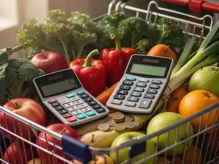 Ein Einkaufswagen gefüllt mit frischem Obst und Gemüse, daneben ein Taschenrechner und Münzen, symbolisiert gesunde Ernährung und Budgetplanung. - Foto: über boerse-global.de
