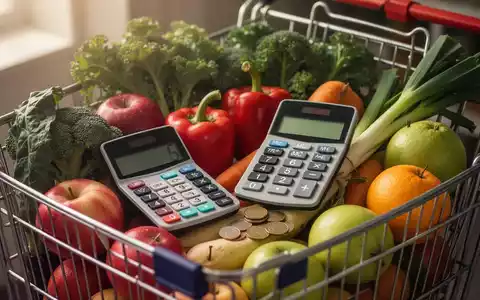 Ein Einkaufswagen gefüllt mit frischem Obst und Gemüse, daneben ein Taschenrechner und Münzen, symbolisiert gesunde Ernährung und Budgetplanung. - Foto: über boerse-global.de