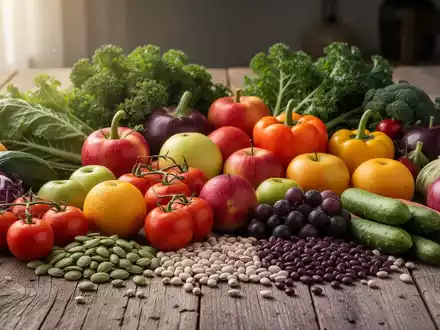 Eine vielfältige Auswahl an frischem Gemüse, Obst und Hülsenfrüchten auf einem Holztisch, das gesunde und pflanzliche Ernährung symbolisiert. - Foto: über boerse-global.de