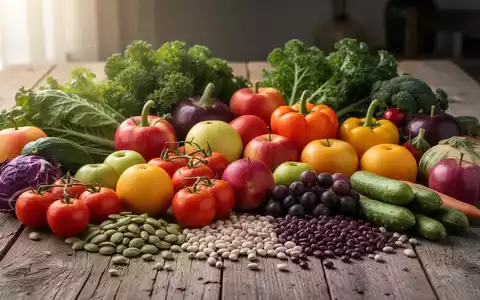 Eine vielfältige Auswahl an frischem Gemüse, Obst und Hülsenfrüchten auf einem Holztisch, das gesunde und pflanzliche Ernährung symbolisiert. - Foto: über boerse-global.de