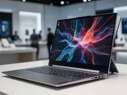 A sleek, modern Lenovo laptop with a vibrant screen, partially open on a clean surface in a high-tech setting. - Foto: über boerse-global.de
