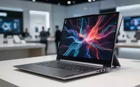 A sleek, modern Lenovo laptop with a vibrant screen, partially open on a clean surface in a high-tech setting. - Foto: über boerse-global.de