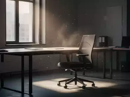 Ein leerer, modern eingerichteter Schreibtisch mit einem Bürostuhl in einem schwach beleuchteten Büro, das die Abwesenheit symbolisiert. - Foto: über boerse-global.de