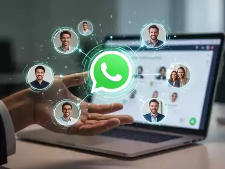 Hand interacting with a holographic WhatsApp logo and user profiles, representing direct calling on a web interface. - Foto: über boerse-global.de