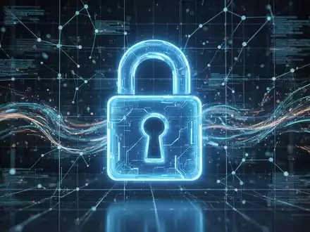A glowing blue padlock icon symbolizing data privacy and AI firewalls, overlaid on a digital network grid with abstract data streams. - Foto: über boerse-global.de