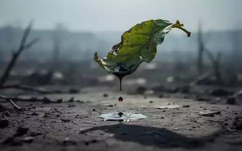 Ein welkendes grünes Blatt mit einem Tropfen dunklem Öl, das einen langen Schatten wirft. Der Hintergrund ist eine verschwommene, trostlose Landschaft. - Foto: über boerse-global.de
