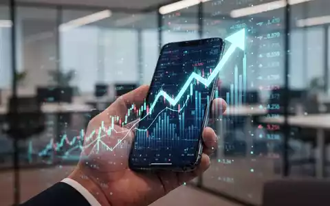 Eine Hand hält ein Smartphone mit einem steigenden Aktienchart und digitalen Finanzdaten. Im Hintergrund ein modernes Büro. - Foto: über boerse-global.de
