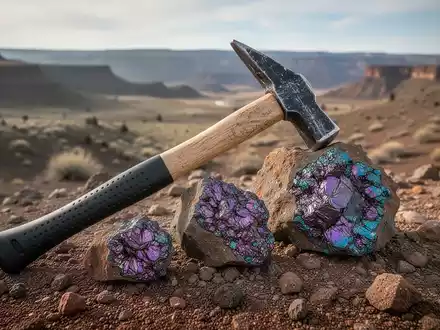 Geologischer Hammer und Bornit-Mineralien auf Felsen in einer trockenen Landschaft in Oregon. - Foto: über boerse-global.de