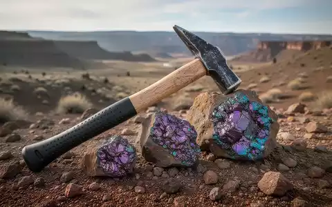Geologischer Hammer und Bornit-Mineralien auf Felsen in einer trockenen Landschaft in Oregon. - Foto: über boerse-global.de