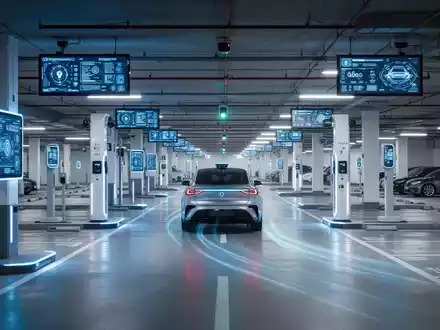 A futuristic parking garage with glowing blue digital displays and an autonomous car moving towards a parking space, symbolizing digital transformation. - Foto: über boerse-global.de