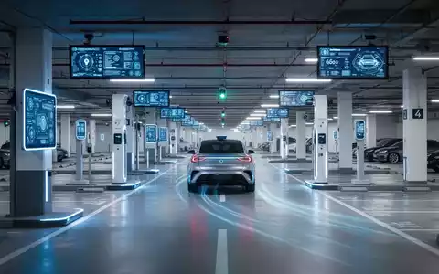 A futuristic parking garage with glowing blue digital displays and an autonomous car moving towards a parking space, symbolizing digital transformation. - Foto: über boerse-global.de
