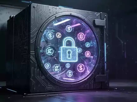 Ein futuristischer, sicherer digitaler Tresor, der mit Quantenenergie leuchtet und abstrakte Smart-Contract-Symbole schützt. - Foto: über boerse-global.de