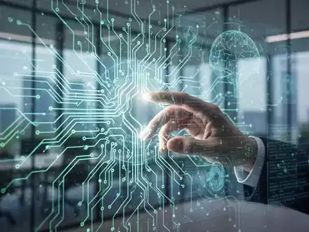 A glowing neural network with data streams, symbolizing AI and enterprise technology, with a holographic hand interacting with a digital interface. - Foto: über boerse-global.de