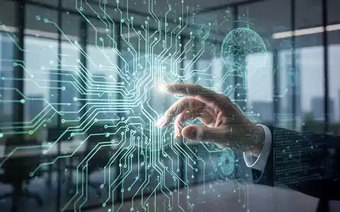 A glowing neural network with data streams, symbolizing AI and enterprise technology, with a holographic hand interacting with a digital interface. - Foto: über boerse-global.de