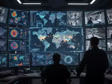A futuristic control room with large screens displaying data, maps, and security feeds, symbolizing AI's role in public safety. - Foto: über boerse-global.de