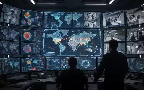 A futuristic control room with large screens displaying data, maps, and security feeds, symbolizing AI's role in public safety. - Foto: über boerse-global.de