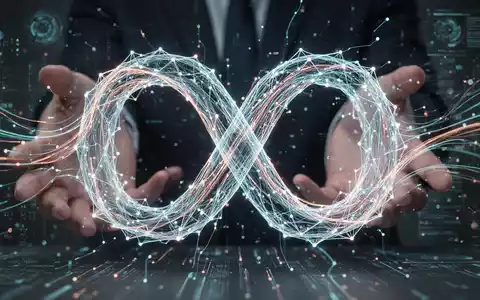 A glowing, intricate neural network forms a loop, with abstract data streams flowing through it. Subtle human hands oversee the process. - Foto: über boerse-global.de