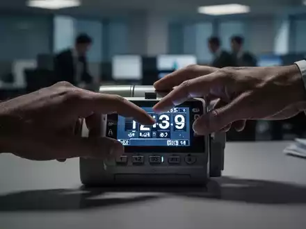 Eine Hand manipuliert diskret eine Zeiterfassungsmaschine oder digitale Zeiterfassungsoberfläche in einem Büro. - Foto: über boerse-global.de