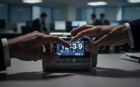 Eine Hand manipuliert diskret eine Zeiterfassungsmaschine oder digitale Zeiterfassungsoberfläche in einem Büro. - Foto: über boerse-global.de