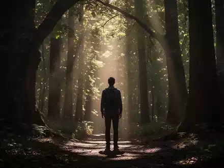 Eine Personensilhouette in einem ruhigen, sonnendurchfluteten Wald, das Licht fällt durch alte Bäume und erzeugt eine friedliche Stimmung. - Foto: über boerse-global.de