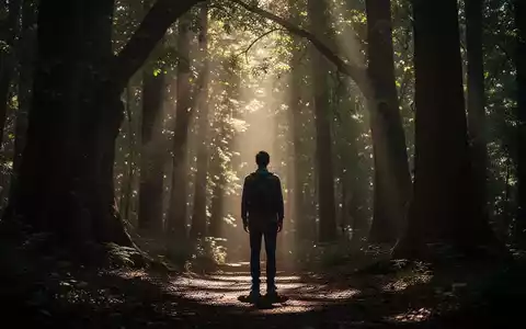 Eine Personensilhouette in einem ruhigen, sonnendurchfluteten Wald, das Licht fällt durch alte Bäume und erzeugt eine friedliche Stimmung. - Foto: über boerse-global.de
