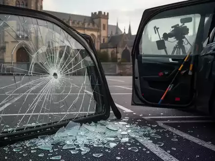 Eine zerbrochene Autoscheibe mit Glasfragmenten auf dem Boden, die auf einen Diebstahl aus einem Fahrzeug hindeutet. - Foto: über boerse-global.de