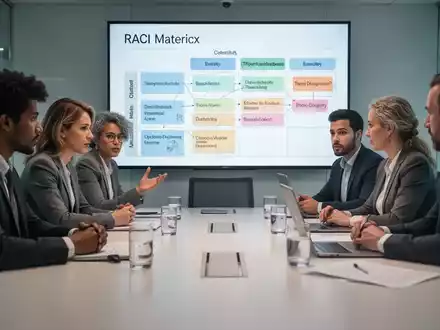 Ein Team von Fachleuten diskutiert an einem Konferenztisch, während im Hintergrund eine digitale RACI-Matrix zu sehen ist. - Foto: über boerse-global.de