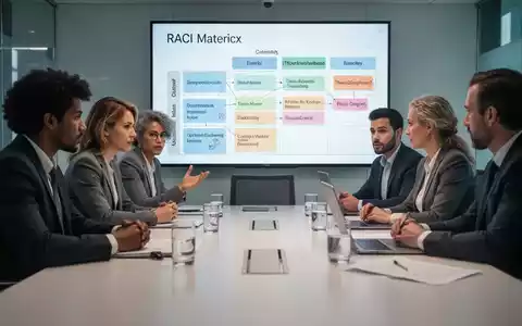 Ein Team von Fachleuten diskutiert an einem Konferenztisch, während im Hintergrund eine digitale RACI-Matrix zu sehen ist. - Foto: über boerse-global.de