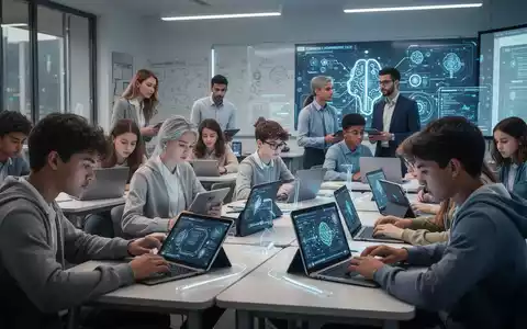 Students and teachers in a modern classroom, learning digital skills on tablets and laptops, symbolizing global digital education initiatives. - Foto: über boerse-global.de
